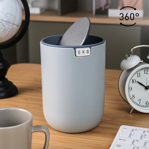 EKO Mini Desk Trash Can with Swing-Top Lid 0.4 Gallon Small Table Round Wastebasket for Office, Home, Car (Grey) - color: Grey, size: Tabletop 1.5 Liters