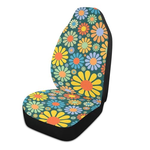 Colorful Hippie Flower Car Seat Covers Set of 2,Abstract Tropical Floral Pattern Cute Flowers Universal Auto Front Seat Cushion Protector for Women Decorative Car Accessories for Car Truck - color: Yellow Blue