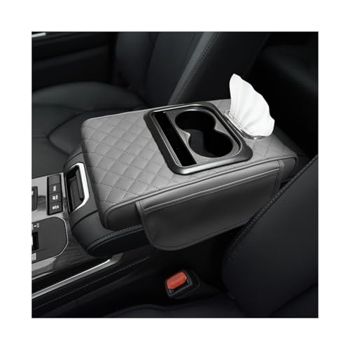 Car Center Console Armrest Pillow, Multifunctional Armrest Box Cover with Cup Phone Tissue Holder & Side Pockets, Waterproof Leather Middle Console Cushion for Most Vehicles (Gray, Embroidered) - color: Gray, size: Embroidered