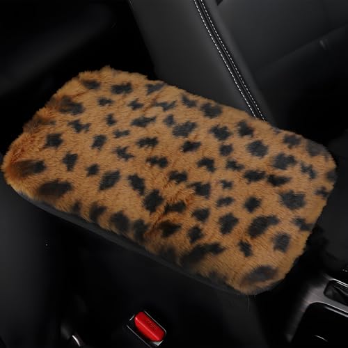 wuyaoyao Car Center Console Cover, 11.8"×7.87" Soft Sheepskin Wool Car Armrest Cover, Leopard Print Auto Armrest Cushion Pad, Furry Vehicle Arm Rest Protector, Universal Car Accessories (Brown)