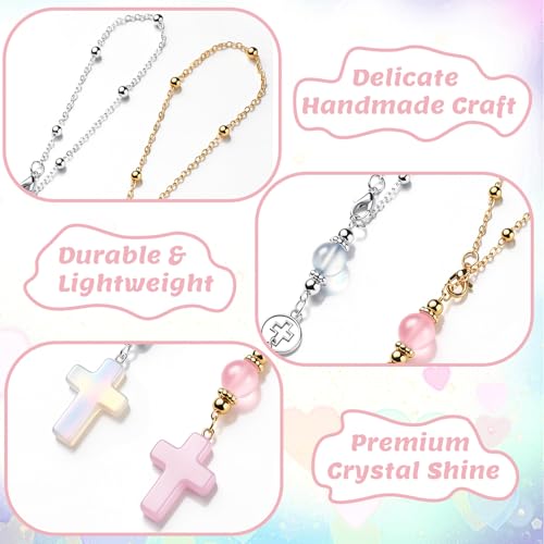 2 Pcs Cross Car Hanging Charms Cute Healing Stone Rear View Mirror Accessories Boho Handmade Sun Catcher Ornament Decor Crystal Protection Gift for Women