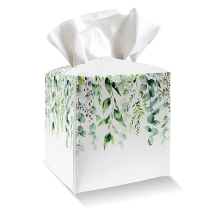 Watercolor Green Leaves Tissue Box Cover Holder, Leather Tissue Box Cover with Bottom Belt, Square Facial Paper Organizer for Tabletop, Bathroom, Kitchen, Car & Office -047 - color: Leaves