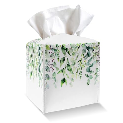 Watercolor Green Leaves Tissue Box Cover Holder, Leather Tissue Box Cover with Bottom Belt, Square Facial Paper Organizer for Tabletop, Bathroom, Kitchen, Car & Office -047 - color: Leaves
