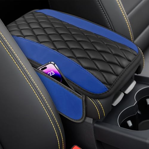 Car Center Console Cover, Anti-Slip Leather Car Armrest Decor Cushion with 2 Storage Bags, Double Color Auto Armrest Box Pad Cover, Universal Protective Cover for Cars Trucks SUV (Blue) - color: Blue