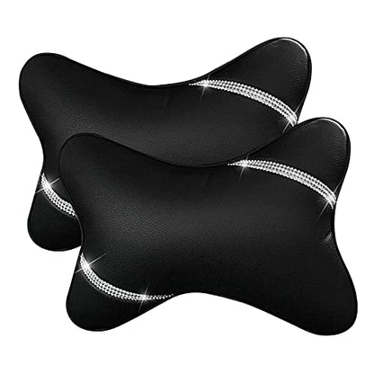 Car Neck Pillows Diamond Seat Auto Headrest Cushion Head Rest Neck 2 Pack Headrest Fit for Most Cars Universal Car Pillow Support Relax Crystal Rhinestone Pu Leather Bling Interior(Black)