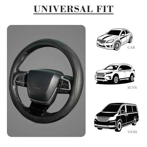 Steering Wheel Cover for Men Women, Universal 15 inch Microfiber Leather with Non-Slip Rubber Lining, Breathable Car Wheel Protector, Odorless, Durable, Black
