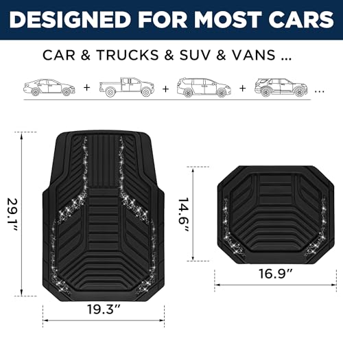 PIC AUTO Car Floor Mats, Black Sparkly Crystal Bling Glitter Car Mats Set, Front and Rear Heavy Duty Rubber Car Mats with Anti-Slip Backing, All Weather, Trim-to-Fit for Automotive SUVs, Sedan, Vans - color: Black Glitter
