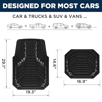 PIC AUTO Car Floor Mats, Black Sparkly Crystal Bling Glitter Car Mats Set, Front and Rear Heavy Duty Rubber Car Mats with Anti-Slip Backing, All Weather, Trim-to-Fit for Automotive SUVs, Sedan, Vans - color: Black Glitter
