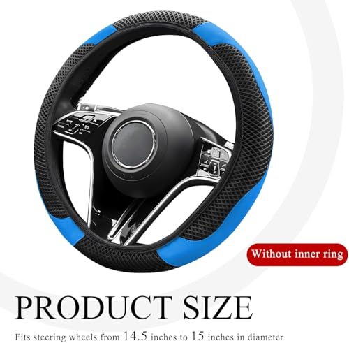 Elastic Stretch Steering Wheel Cover, Warm in Winter and Cool in Summer, Universal 15 inch Microfiber Breathable Ice Silk Anti Slip Car Interior Accessories, Odorless, (Black Blue) - color: Blue