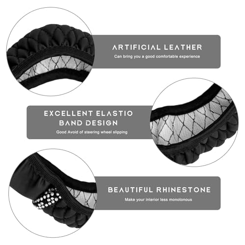 Bling Car Steering Wheel Cover, 15 Inch Sparkly Rhinestone Soft Leather Steering Wheel Protector, Non-Slip Universal Auto Elastic Steering Wheel Covers for Women Girls (Black) - color: Black
