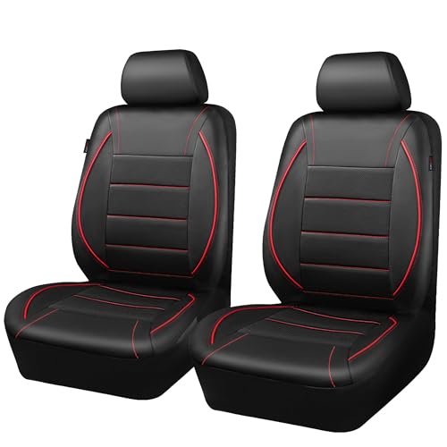 CAR PASS Universal FIT Piping Leather Two Front Seat Covers, Waterproof Faux Leather for SUV Sedan Van Truck, Airbag Compatible,Reserved Opening Holes for Headrest Covers. (Black red) - color: Black Red