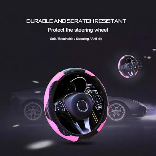 Ultra Fine Carbon Fiber Leather Steering Wheel Cover, Anti Slip and Sun Protective Protect the Steering Wheel, Easy to Install,Universal of 14.5"-15" (Pink) - color: Pink