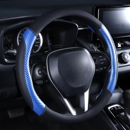 Steering Wheel Cover Blue - Premium Perforated Leather Sport Wrap with Carbon Fiber Texture and Odorless Rubber Non-Slip Inner, Universal Fit for Cars Trucks SUVS - 15 Inch (Blue) - color: Blue