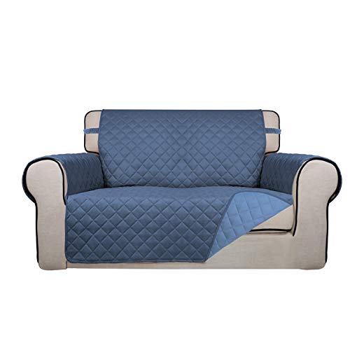 PureFit Reversible Quilted Sofa Cover, Water Resistant Slipcover Furniture Protector, Washable Couch Cover with Non Slip and Elastic Straps for Kids, Dogs, Pets (Loveseat, Dark Blue/Light Blue) - color: Dark Blue/Light Blue, size: Medium