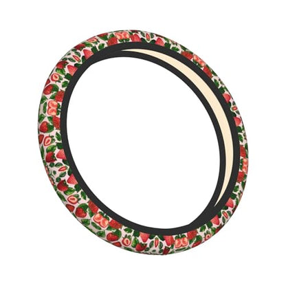 Cute Strawberry Print Neoprene Steering Wheel Cover Pink Steering Wheel Protector Universal Fit 14-15.5 inches Car Accessories Anti Slip and Washable - color: Cute Strawberry