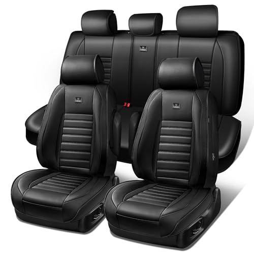 CAR PASS Nappa Leather Car Seat Covers Full Set, Luxury Seat Protector for Cars, Waterproof Anti-Slip Car Seat Cushion Armrest Compatible Airbag Universal for Sedan SUV Pick-up Truck Automotive, Black - color: Black 5 Seats, size: Full Set