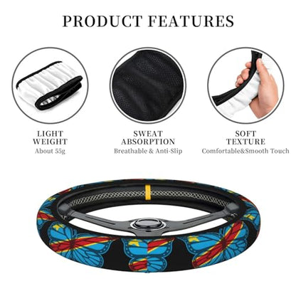 Butterfly Congolese Flag Breathable Neoprene Steering Wheel Cover - Anti-Slip Floral Design Universal Fit for Cars/Trucks/Suvs (14.5"-15" Inch) - color: Butterfly Congolese Flag