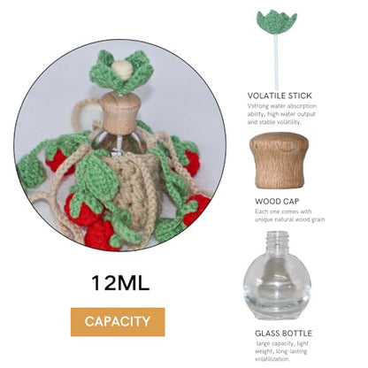 ROFIGL Handmade Crochet Hanging Car Air Freshener - Sweet Cherry Charm with 12ml Refillable Glass Essential Oil Bottle, Cute Car Accessories for Women & Bedroom Floral Decor - style: Raspberry