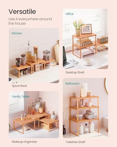 SONGMICS Cabinet Organizer Shelf, Set of 3 Kitchen Counter Shelves, Kitchen Storage, Spice Rack, Stackable, Expandable, Apricot UKCS220Y01V1 - color: Apricot