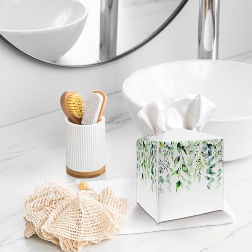 Watercolor Green Leaves Tissue Box Cover Holder, Leather Tissue Box Cover with Bottom Belt, Square Facial Paper Organizer for Tabletop, Bathroom, Kitchen, Car & Office -047 - color: Leaves