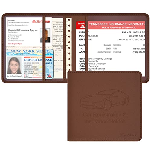 Car Insurance and Registration Holder, 5.5 x 5 Inch PU Leather Vehicle Glove Box Organizer Wallet Case for Insurance Card, Driver License, Paperwork - Brown - color: Brown