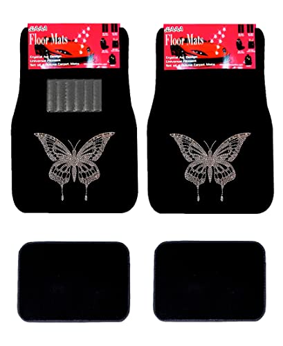 Universal Fit Car Truck Front/Rear 4-Piece Full Set Crystal Bling Rhinestone Design Studded Black Carpet Floor Mats - Pack of 4 (AB Butterfly-Black) - color: AB Butterfly-Black