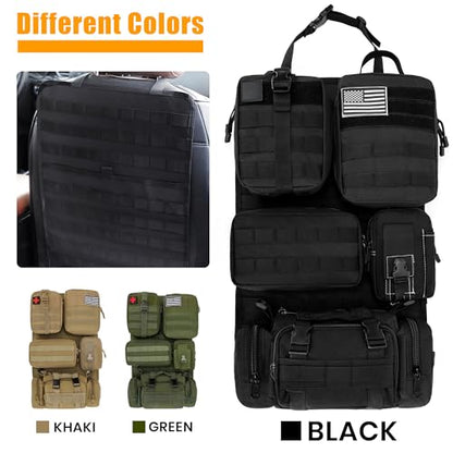 6 Pack Tactical MOLLE Car Seat Back Organizer - Universal Vehicle Storage Bag with 5 Detachable MOLLE Pouches, US Flag Patch & Keychain, Fits Jeep, Truck, SUV, Car (Black)