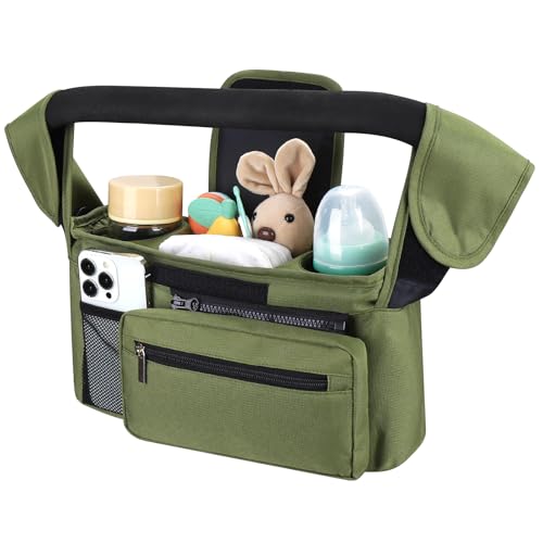 Accmor Universal Stroller Organizer with Insulated Cup Holder Detachable Phone Bag and Shoulder Strap,Stroller Bag Caddy Organizer Fits for Uppababy, Baby Jogger, Britax Strollers - color: All Green