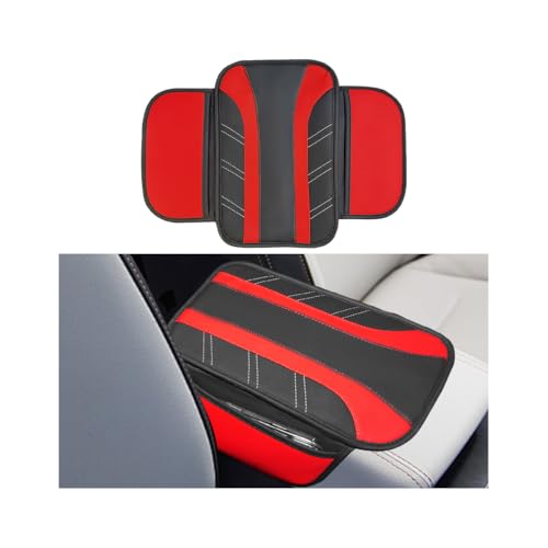 Car Center Console Cover, Soft Leather Sporty Armrest Protector Cushion with 2 Storage Pockets, Comfortable Auto Interior Middle Console Arm Rest Box Pad, Universal for Vehicles (Red)