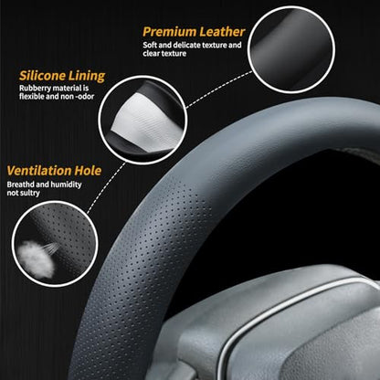 Uxcer Nappa Leather Steering Wheel Cover, Universal 14.5–15 Inch Non-Slip Breathable Steering Wheel Cover for Cars, Black - color: Black