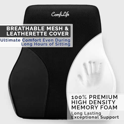 ComfiLife Lumbar Support Pillow for Office Chair – Premium Memory Foam Lumbar Pillow – Back Support for Office Chair, Car – Back Pain Relief, Improves Posture – 3 Adjustable Straps, Mesh + Leatherette