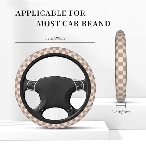 Khaki Checkered Steering Wheel Cover for Women,Universal Auto Steering Wheel 14-15 Inch Car Interior Accessories with 2PCS Car Coasters,Suitable for Men and Women - color: Khaki