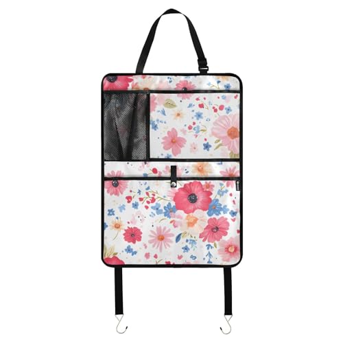 JIPONI Car Backseat Organizer, Color Red Flower Automotive Back Seat Protector, Kick Mats with Storage Pockets for Kids Pets, Road Trip Accessories - color: Flower, size: 1 Pack