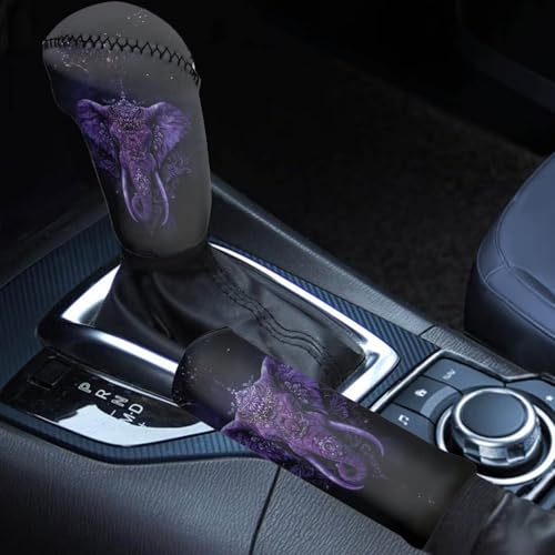 Boho Elephant Print 2 Pcs Car Handbrake Cover with Gear Shift Knob Cover, Soft Stretchy Car Gear Shift Cover and Handbrake Cover Set, Universal Fit Car Interior Accessories, Easy to Install - color: Boho Elephant - Purple and Black