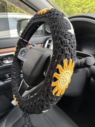 Handmade Crochet Sun Moon Car Steering Wheel Covers Universal 14-15 inch,Cute Steering Wheel Cover,Car Accessories (Black Steering Wheel Cover) - color: Black Steering Wheel Cover