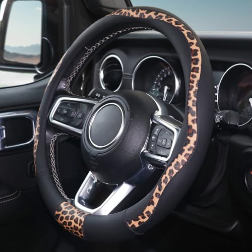 Leopard Steering Wheel Cover, Breathable Microfiber Leather Universal 14.5-15 inch for Most Automotive Steering Wheel Cheetah Print, Black