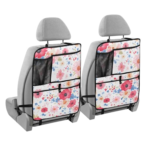 JIPONI Car Backseat Organizer, Color Red Flower Automotive Back Seat Protector, Kick Mats with Storage Pockets for Kids Pets, Road Trip Accessories (2 Pack) - color: Flower, size: 2 Pack