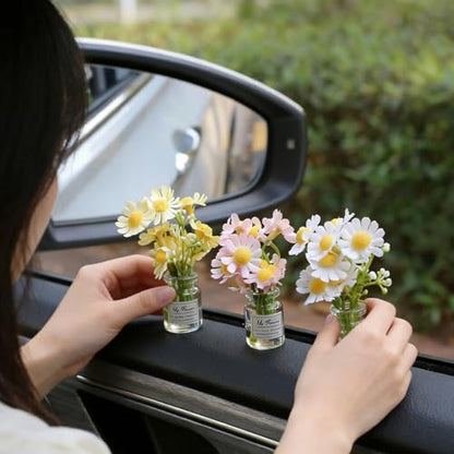 Daisy Flower Car Accessories for Women Interior Aesthetic, 3 Pcs Daisy Cute Car Dashboard Decorations