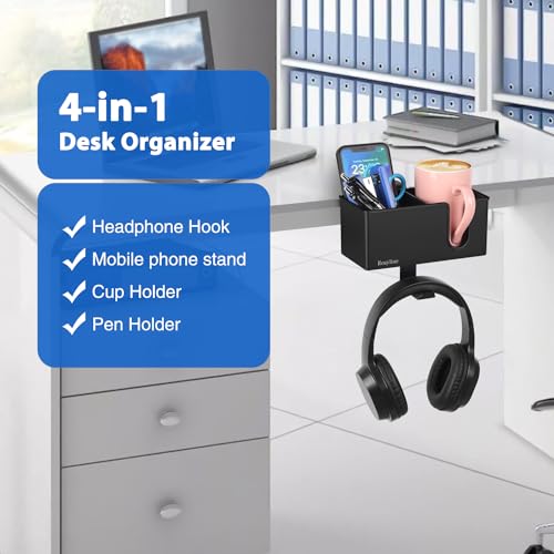 Rosyline 3-in-1 Desk Cup Holder & Clip-on Cup Holder, Clip on Desk Organizer – with Anti-Spill Function, Keeps Your Coffee, Headset, Phone & Pens Within Easy Reach, for Office Desk (Black) - color: Black