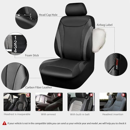 CAR PASS Premium Carbon Fiber Leather Car Seat Covers Full Set and Waterproof Car Floor Mats,Airbag Compatible,Automotive Interior Covers for Sedans,Trucks,Vans,SUV with Car Carpet Mats(Black) - color: Pure Black
