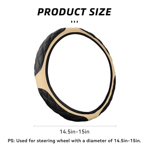 15 Inch Car Leather Steering Wheel Cover, Automotive Accessories Elastic Breathable Anti-Slip Soft Wheel Protector Fits Men and Women, Suitable for SUVs, Trucks, Vehicles and RVs (Beige) - color: Beige