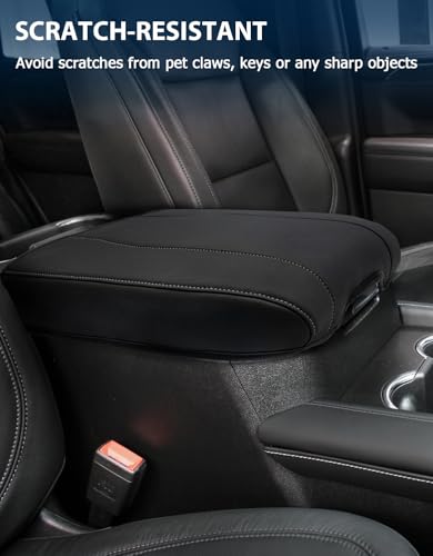 Center Console Cover for Chevy Silverado 1500 Accessories & GMC Sierra 2019-2026, Yukon & Tahoe & Suburban 2021-2026, Bucket Seat Only, Vinyl Armrest Middle Console Cover, Black-Gray Stitch - color: Black with gray stitching