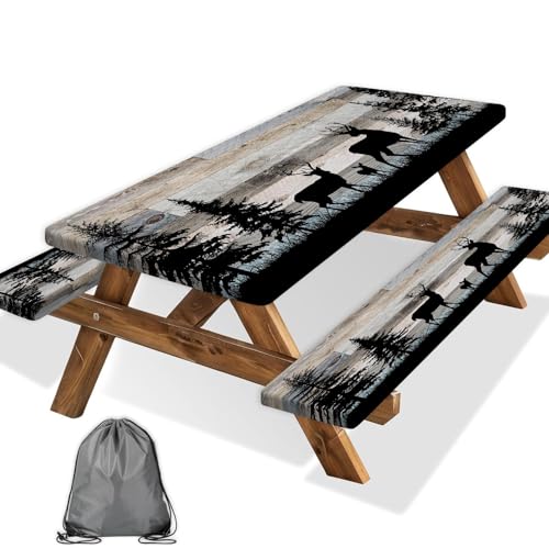 Forest Deer Picnic Table Cover with Bench Covers and Bag, Camping Essentials, Waterproof Windproof, Fitted Tablecloth Cover with Elastic Edge, for Indoor & Outdoor, Garden, 3 PCS, 30x60 Inch - color: Forest Deer, size: 30" x 60"