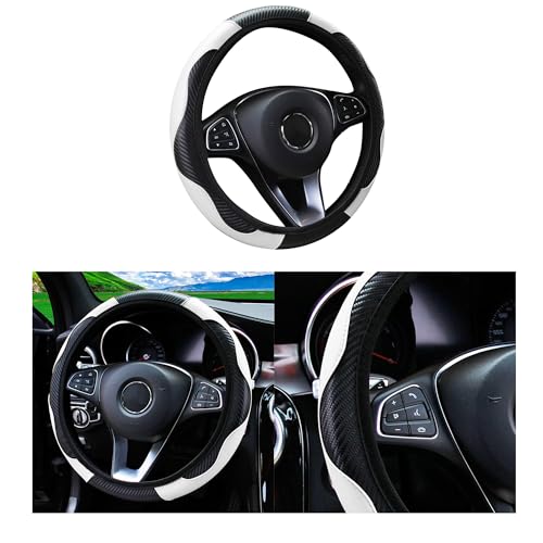 Car Steering Wheel Cover, 15 inch Carbon Fiber Microfiber PU Leather Elastic Steering Wheel Protector for Men Women, Anti-Slip Breathable Car Interior Accessories for Most Cars (White) - color: White