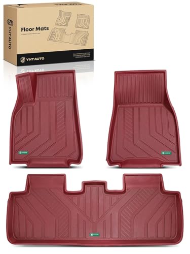 YHTAUTO Floor Mats Compatible with Tesla Model Y 2025-2020 (5-Seat, Not for Juniper), TPE Floor Liners All Weather Custom Fit, 1st & 2nd Row, Set of 3, Red - color: Red, size: 3-Piece Set
