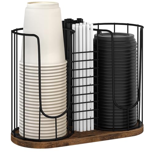 Coffee Cup Holder 18oz 3-Compartment Paper Cup Dispenser Rack with Wood Base - Disposable Cup, Straw & Lid Organizer 3-in-1 Storage for Countertop, Coffee Bar, Kitchen, Office