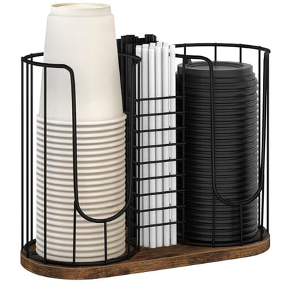 Coffee Cup Holder 18oz 3-Compartment Paper Cup Dispenser Rack with Wood Base - Disposable Cup, Straw & Lid Organizer 3-in-1 Storage for Countertop, Coffee Bar, Kitchen, Office
