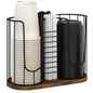 Coffee Cup Holder 18oz 3-Compartment Paper Cup Dispenser Rack with Wood Base - Disposable Cup, Straw & Lid Organizer 3-in-1 Storage for Countertop, Coffee Bar, Kitchen, Office