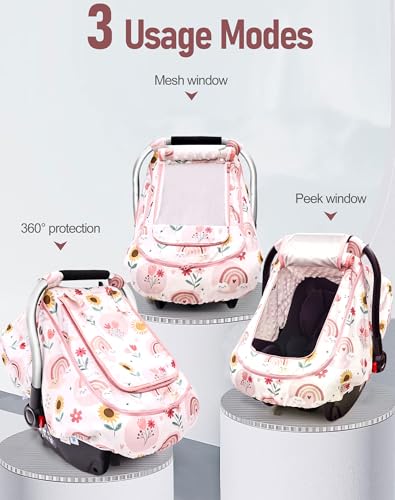 Waterproof Baby Car Seat Cover，YVMVDV Patented Cold Weather Carseat Cover for Babies,Infant Car Seat Cover Canopy for Boy Girls, Keeps Babies Warm and Cozy (Rainbow) - color: Rainbow-pink