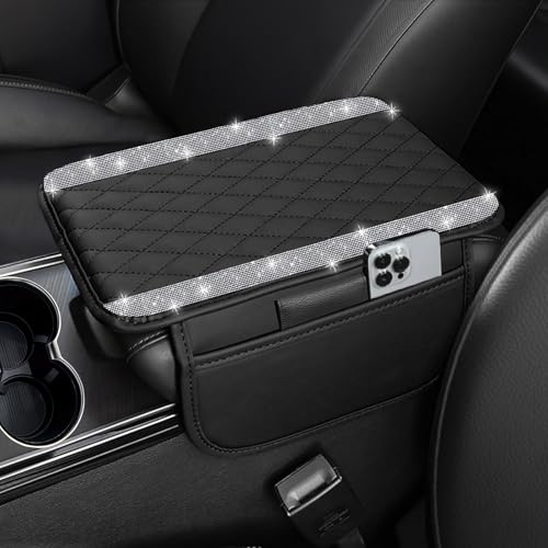 NBTEPEM Bling Car Center Console Cover, Leather Car Arm Rest Cover Cushion with 2 Storage Bags, Universal Auto Armrest Protector Storage Box, Bling Accessories Interior for Most Vehicles (Silver)